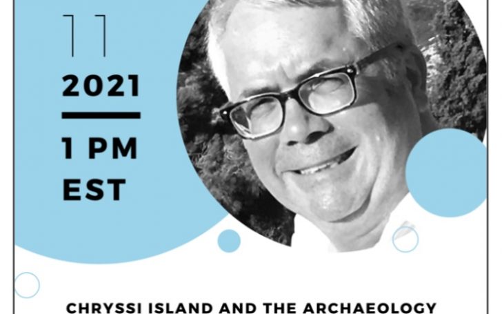 A poster advertising an upcoming lecture titled "Chryssi Island and the Archaeology of a Maritime Community at the Southern Edge of the Minoan World" by Dr. Thomas Brogan. It will take place at 1pm EST on Sunday, April 11th.
