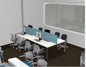 Computer rendering of four computer workstations at a large table with a blue privacy screen dividing the length of the table.