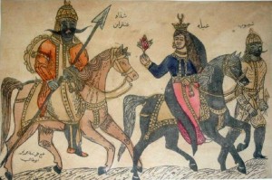 An illustration of a masnavi poem about an arabic hero (left) and his lover (right). by Photographer Name, used under 