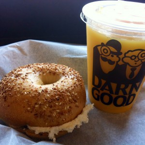 bagel with cream cheese and orange juice