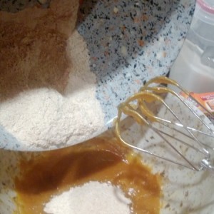 Slowly add the dry ingredients, beating into the wet ingredients until just combined.