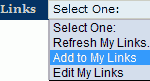 Dropdown menu showing 'add to my links' selected.