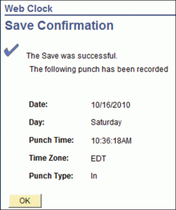 An example of the confirmation message screen, showing the punch type, day and time.