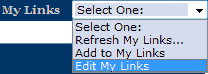 My Links dropdown showing the refresh, add and edit options