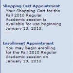 Enrollment dates screen view showing a shopping cart appointment and an enrollment appointment.
