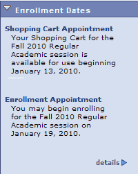 Enrollment dates screen view showing a shopping cart appointment and an enrollment appointment.