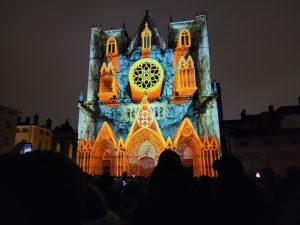 Building illuminated during the Lyon Festival of Lights