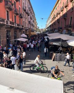 The busy streets of Navigli market in Milan